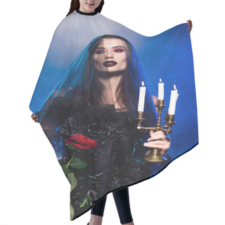 Personality  Brunette Woman In Black Dress And Veil Holding Red Rose And Burning Candles On Blue With Smoke, Halloween Concept Hair Cutting Cape