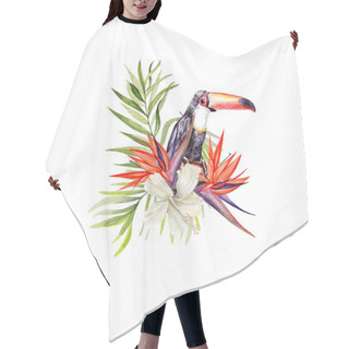 Personality  A Beautiful Watercolor Bouquet With A Bird Of Toucan And Leaves Of A Palm Tree, Flowers Hibiscus.   Hair Cutting Cape