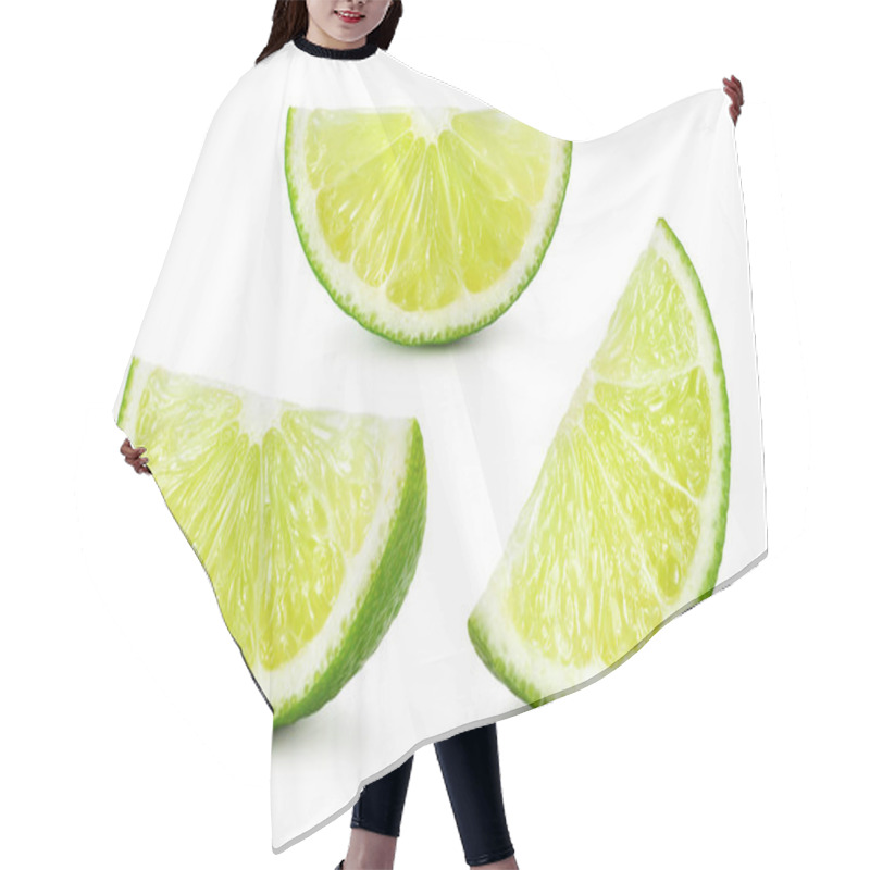 Personality  Lime. Fresh fruit isolated on white background. Slice, piece, qu hair cutting cape