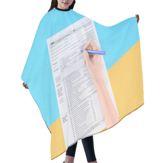 Personality  Cropped View Of Woman Filling Tax Form On Blue And Yellow Background Hair Cutting Cape