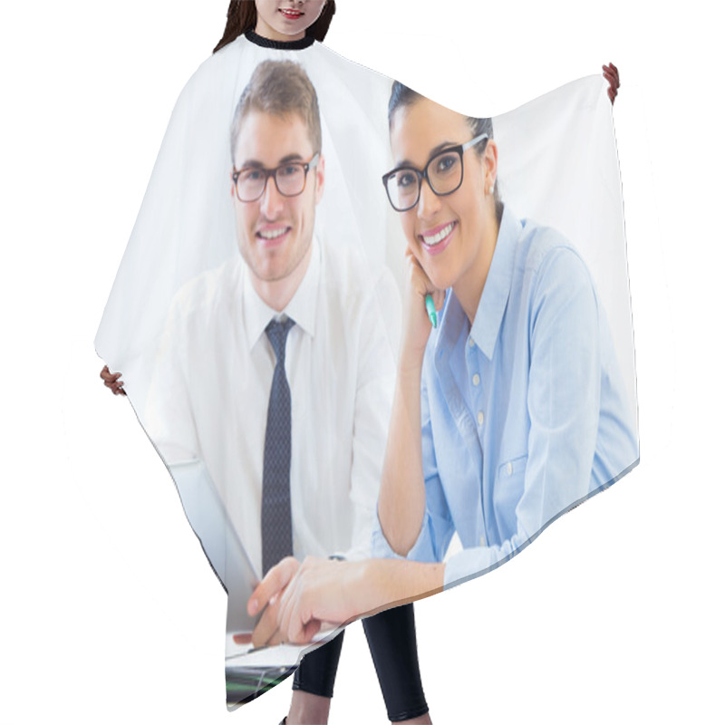 Personality  Business People Working In The Office With Digital Tablet. Hair Cutting Cape