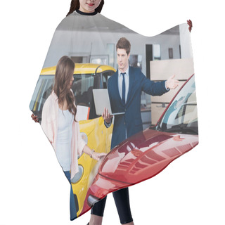 Personality  Manager Showing Car To Customer Hair Cutting Cape