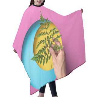 Personality  Cropped View Of Make Hand Holding Fern Leaf On Colorful Paper With Circles Hair Cutting Cape