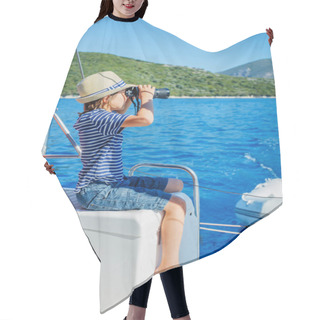 Personality  Little Boy Captain On Board Of Sailing Yacht On Summer Cruise. Travel Adventure, Yachting With Child On Family Vacation. Hair Cutting Cape