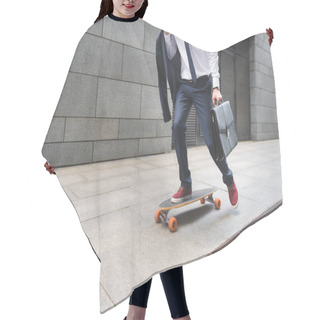 Personality  Cropped View Of Businessman In Formal Wear Riding On Skateboard Hair Cutting Cape