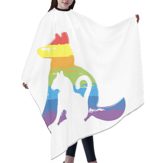 Personality  Cat And Dog Icon. Drawing Sign With LGBT Style, Seven Colors Of Rainbow Red, Orange, Yellow, Green, Blue, Indigo, Violet Hair Cutting Cape