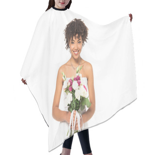 Personality  Happy African American Bride Holding Bouquet And Looking At Camera Isolated On White  Hair Cutting Cape