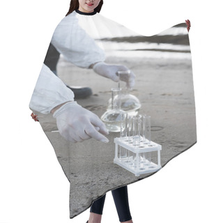 Personality  Cropped View Of Water Inspector In Latex Gloves With Test Tubes And Flasks At Coast Hair Cutting Cape
