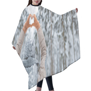 Personality  Happy Woman Walking Outside Woods Snowy Winter Day. Woman Mittens Dressed Fashionable Gray Stands With Her Back Makes Heart Gesture With Her Hands Against Background Snowy Winter Forest Hair Cutting Cape