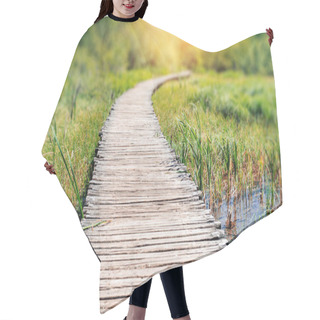 Personality  The Path Of The Wooden Plates Among The Picturesque Vegetation And Pond. Hair Cutting Cape