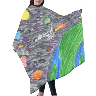 Personality  Spaceship Flies In An Earth Orbit - Child Drawing Picture On Paper Hair Cutting Cape