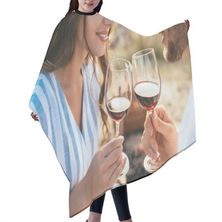 Personality  Cropped View Of Cheerful Couple Clinking Glasses With Red Wine  Hair Cutting Cape
