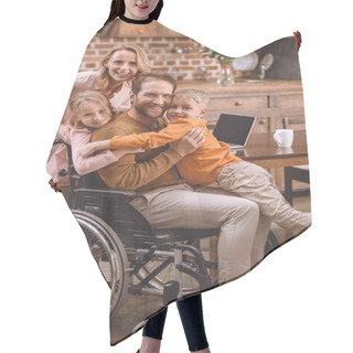 Personality  Happy Family With Two Kids And Father In Wheelchair Hugging And Smiling At Camera At Home Hair Cutting Cape