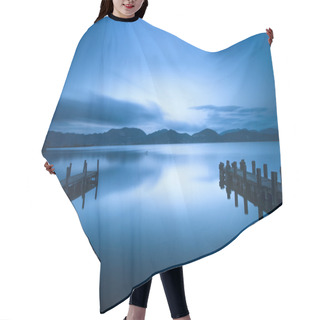 Personality  Two Wooden Pier Or Jetty And On A Blue Lake Sunset And Sky Refle Hair Cutting Cape
