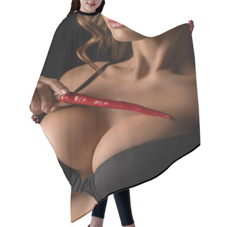 Personality  Cropped View Of Passionate Girl Touching Big Breasts With Red Hot Chili Pepper Isolated On Black Hair Cutting Cape