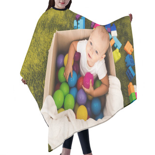 Personality  Top View Of Cute Child In Cardboard Box Playing With Colorful Balls Hair Cutting Cape