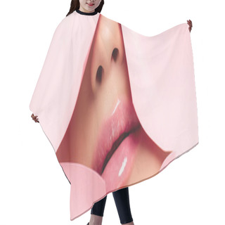 Personality  Cropped View Of Woman Showing Pink Lips In Torn Paper, Panoramic Shot  Hair Cutting Cape