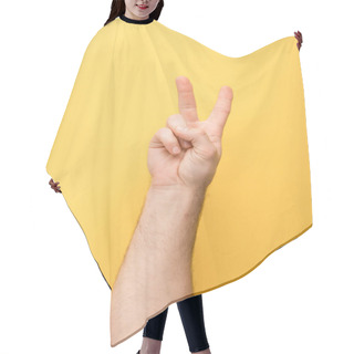 Personality  Cropped View Of Man Showing Peace Gesture On Yellow Background  Hair Cutting Cape