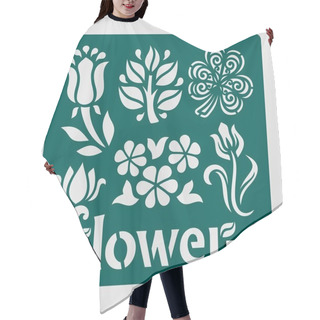 Personality  Stencil. Flower Motifs With Tulpins, Chamomiles, Clover And Leaves. Template For Laser Cutting, Wood Carving, Paper Cut And Printing. Floral Theme. Vector Illustration. Hair Cutting Cape