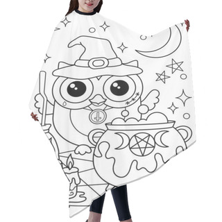 Personality  Halloween Coloring Page. Owl Witch In A Hat With A Cauldron And A Broom. Nice Black And White Coloring Book. Hair Cutting Cape