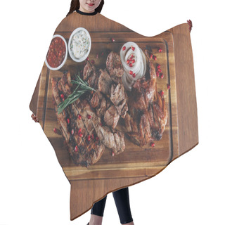 Personality  Various Grilled Meat Served On Wooden Board With Sauces Hair Cutting Cape