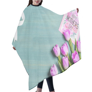 Personality  Top View Of White Ribbon, Bouquet Of Tulips And Card With Lettering Happy Mothers Day On Blue Background  Hair Cutting Cape