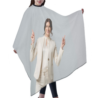 Personality  Positive Businesswoman Smiling At Camera And Pointing With Fingers Isolated On Grey, Concept Of Body Positive  Hair Cutting Cape