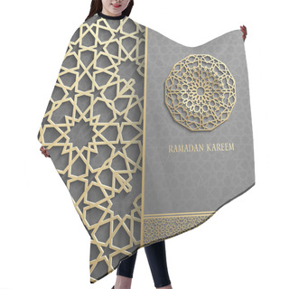 Personality  Ramadan Kareem Greeting Card,invitation Islamic Style.Arabic Circle Golden Pattern.Gold Ornament On Black, Brochure Hair Cutting Cape