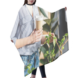 Personality  Cropped Image Of Young Woman With Coffee Touching Potted Plant  Hair Cutting Cape