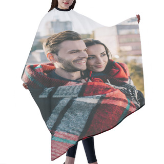 Personality  Happy Young Couple Covering In Plaid And Looking Away With Blurred City On Background Hair Cutting Cape