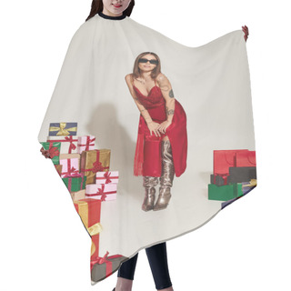 Personality  Young Woman In Sunglasses And Red Dress Standing Near Wrapped Christmas Presents On Grey Backdrop Hair Cutting Cape