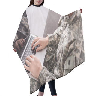 Personality  Partial View Of Army Soldier Using Laptop On Couch Hair Cutting Cape