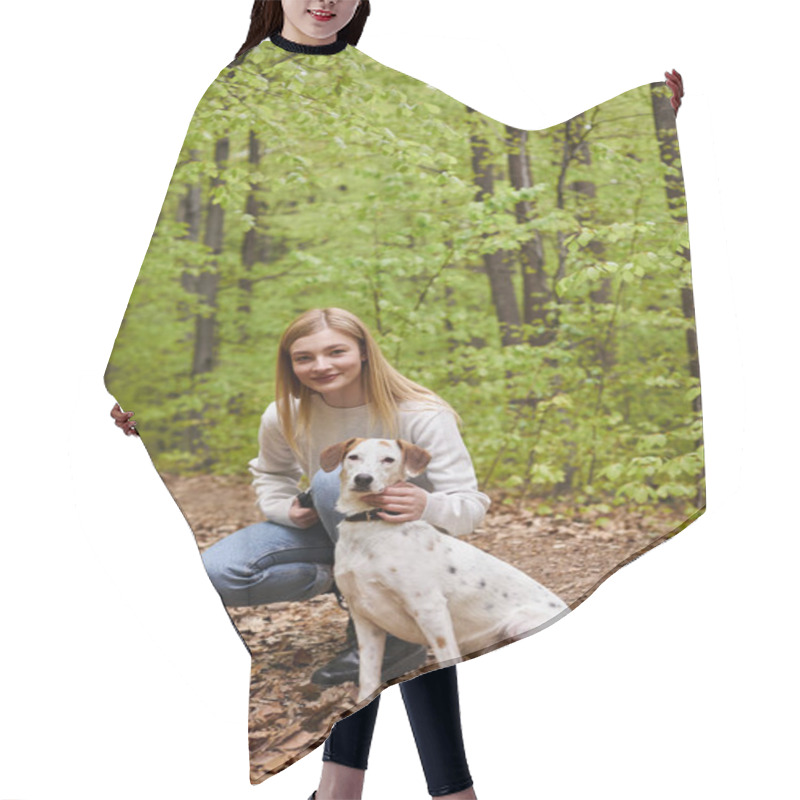 Personality  Smiling Hiker Girl Interacting With Her Pet Looking At Camera While Hiking Rest With Forest View Hair Cutting Cape