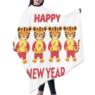 Personality   Happy Chinese New Year 2022 With Cute Cartoon Tiger In Red Costume Holding Numbers In Their Hands. Hair Cutting Cape