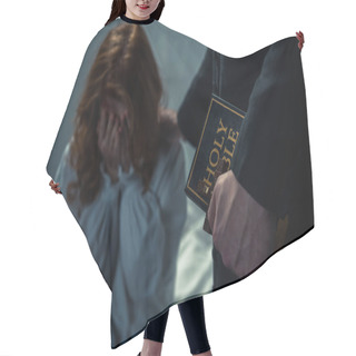 Personality  Exorcist Holding Bible And Hugging Crying Girl In Bedroom  Hair Cutting Cape