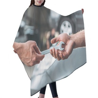 Personality  Partial View Of Auto Mechanics With Wrench In Repair Shop Hair Cutting Cape