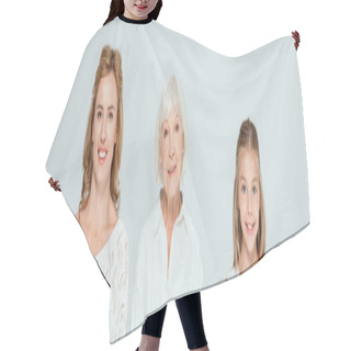 Personality  Panoramic Shot Of Smiling Granddaughter, Mother And Grandmother Looking At Camera Isolated On Grey  Hair Cutting Cape