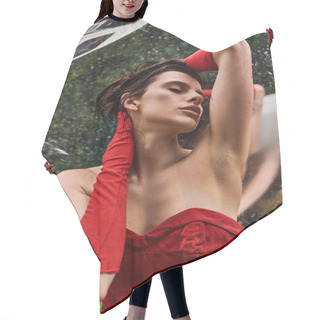 Personality  A Young Woman In A Striking Red Dress And Long Gloves, Enjoying The Summer Breeze In Nature. Hair Cutting Cape