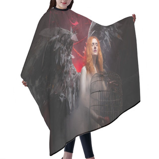 Personality  An Evil Tempting Woman With Large Demon Wings Holds An Apple In A Large Cage And Beckons To Sin. Halloween Photo Plus Size Girl With Red Hair On A Huge Gothic Throne. Hair Cutting Cape