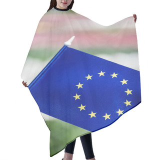 Personality  Selective Focus Of Blue Flag Of Europe With Stars Hair Cutting Cape