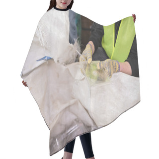 Personality  Cropped View Of Worker In Protective Gloves And Safety Vest Holding Plastic Trash Near Sack For Recycle While Working In Waste Disposal Station, Garbage Sorting And Recycling Concept Hair Cutting Cape