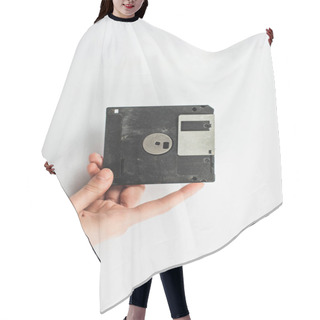 Personality  Partial View Of Man Holding Black Diskette On White Background Hair Cutting Cape