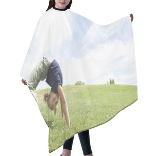 Personality  Girl Bending Over Backwards On Grass Hair Cutting Cape
