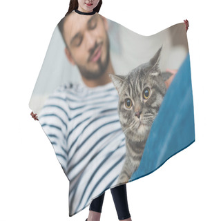 Personality  Close-up Shot Of Young Man Petting Cute Tabby Cat Hair Cutting Cape