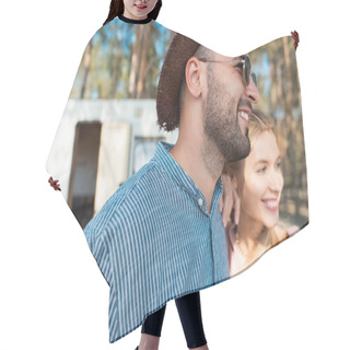 Personality  Hippie Couple Hugging Near Trailer In Forest Hair Cutting Cape