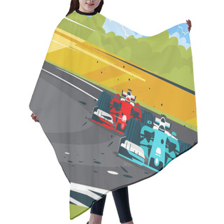 Personality  Vector Illustration Of Formula One Cars On The Race Track In Motion, Front View Hair Cutting Cape