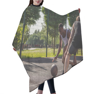 Personality  African American Sportsman Playing Streetball Near Friend On Playground  Hair Cutting Cape