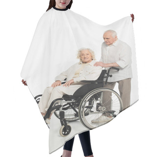 Personality  Elderly Man Holding Hand On Shoulder Of Wife In Wheelchair Isolated On White Hair Cutting Cape