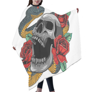 Personality  Colorful Tattoo Design With Skull, Roses And Snake. Illustration. Hair Cutting Cape