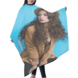 Personality  Seductive Young Woman In Canotier Hat And Jacket Sitting On Chair And Looking Away Hair Cutting Cape